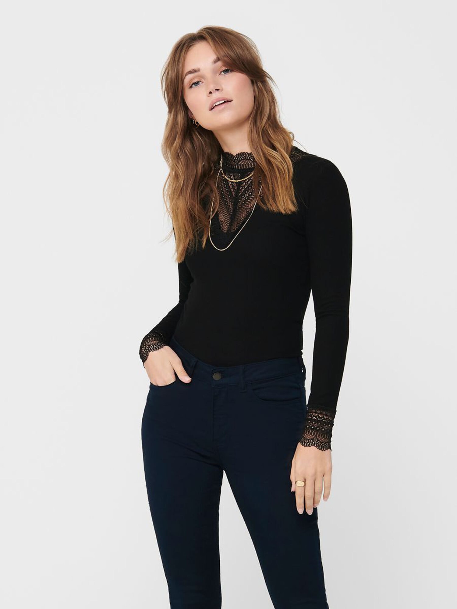 Only Tilde High Neck Lace Top Black