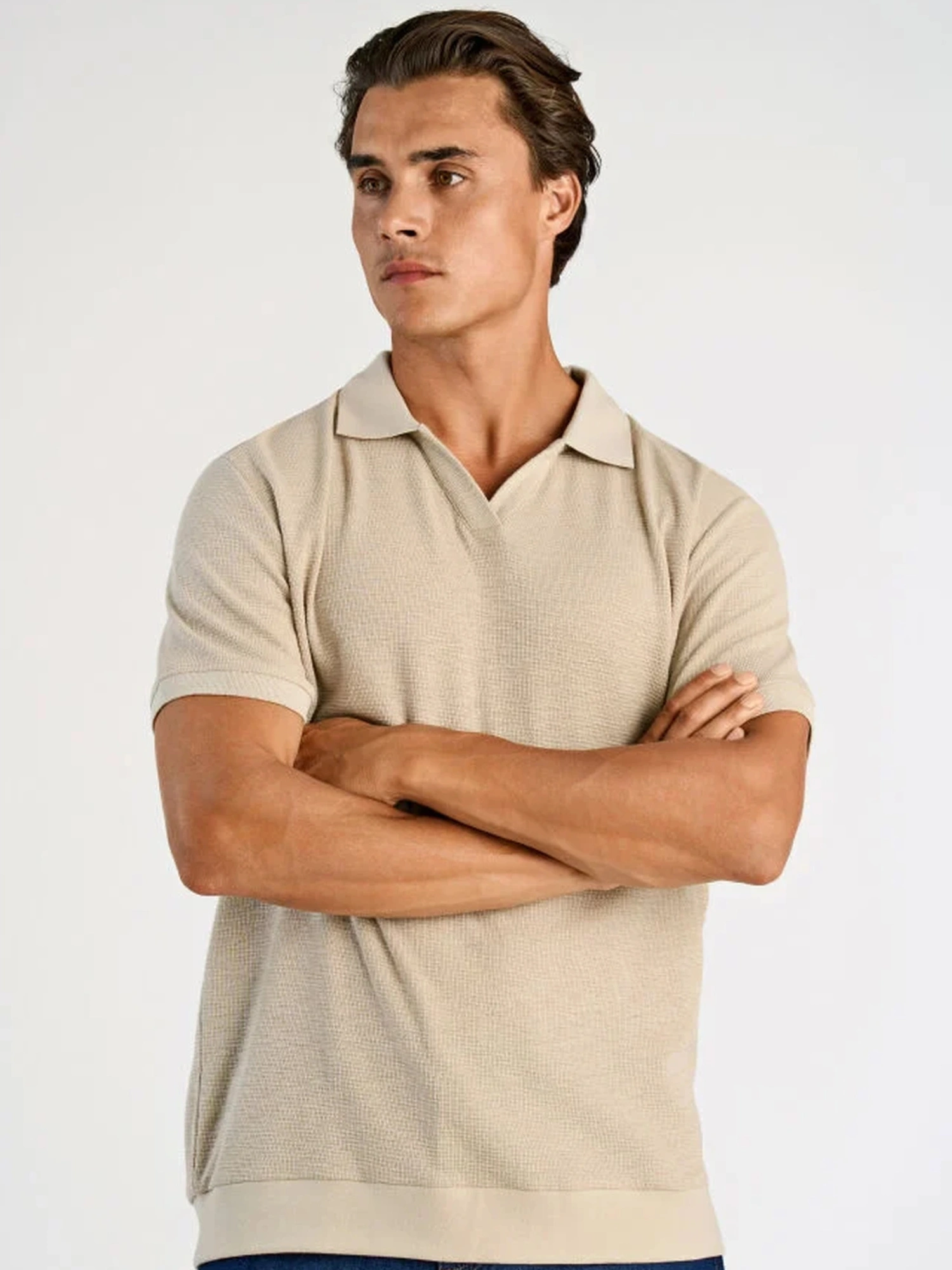 Lindbergh Open Collar Structure Rib Polo STONE