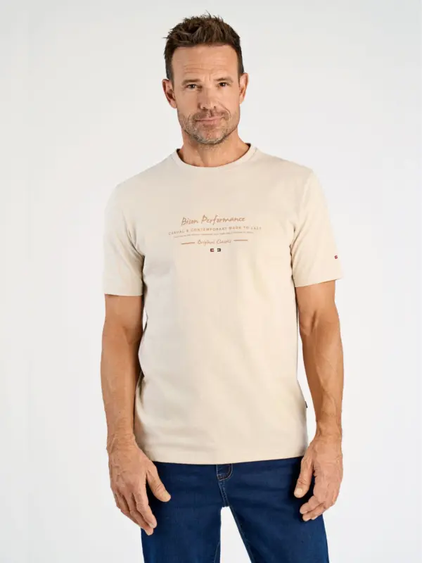 Bison O-neck Print T-shirt LT SAND MEL