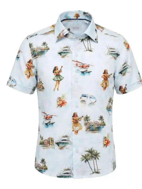 Eterna Modern Fit Cotton/Lyocell Print Skjorte Blue