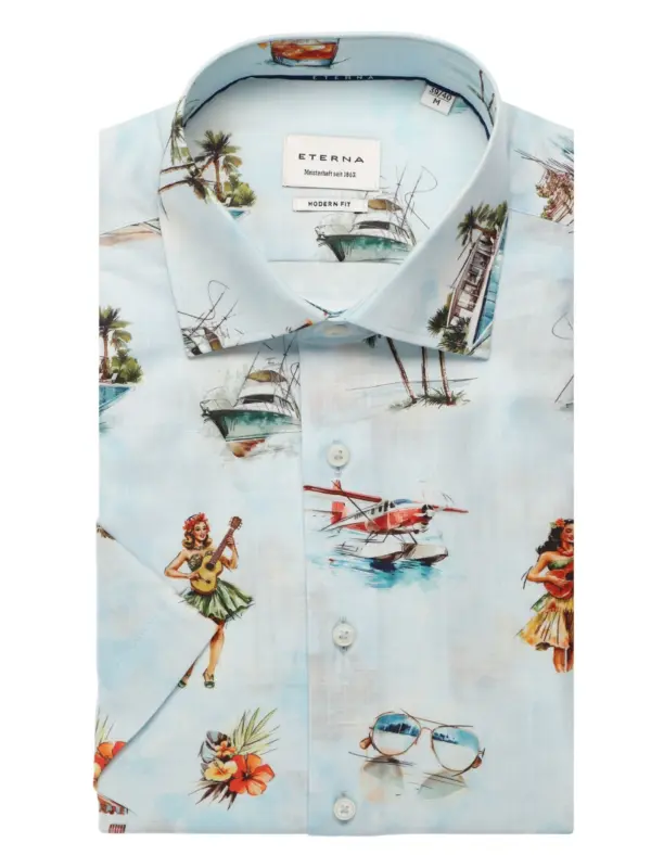 Eterna Modern Fit Cotton/Lyocell Print Skjorte Blue