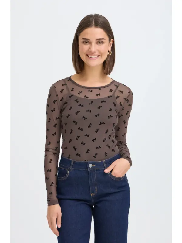 Fransa FRMARELLE TEE 1 Mesh Bluse Brown Bows
