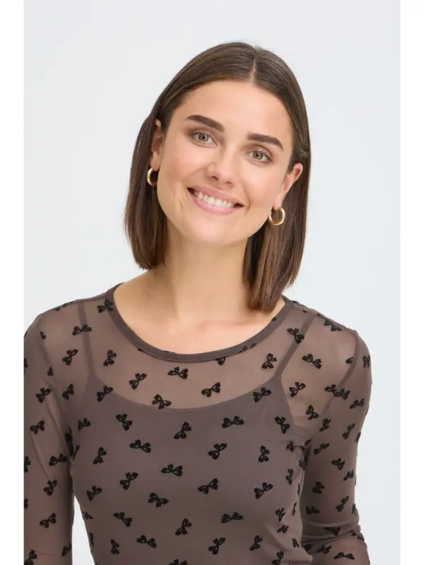 Fransa FRMARELLE TEE 1 Mesh Bluse Brown Bows
