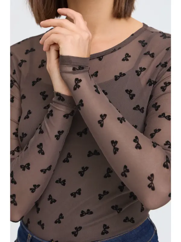Fransa FRMARELLE TEE 1 Mesh Bluse Brown Bows